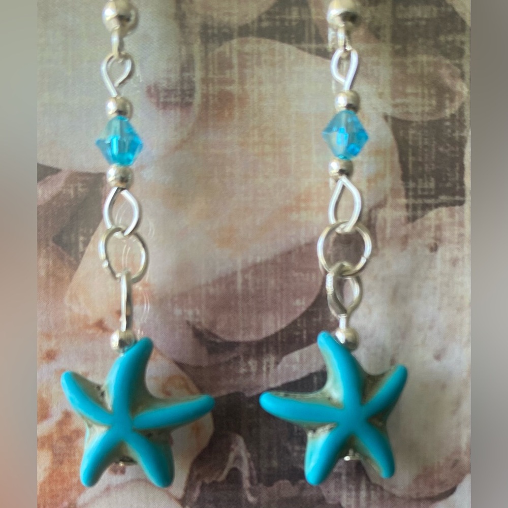 Turquoise Starfish Dangle Earrings with Turquoise Crystal Beads